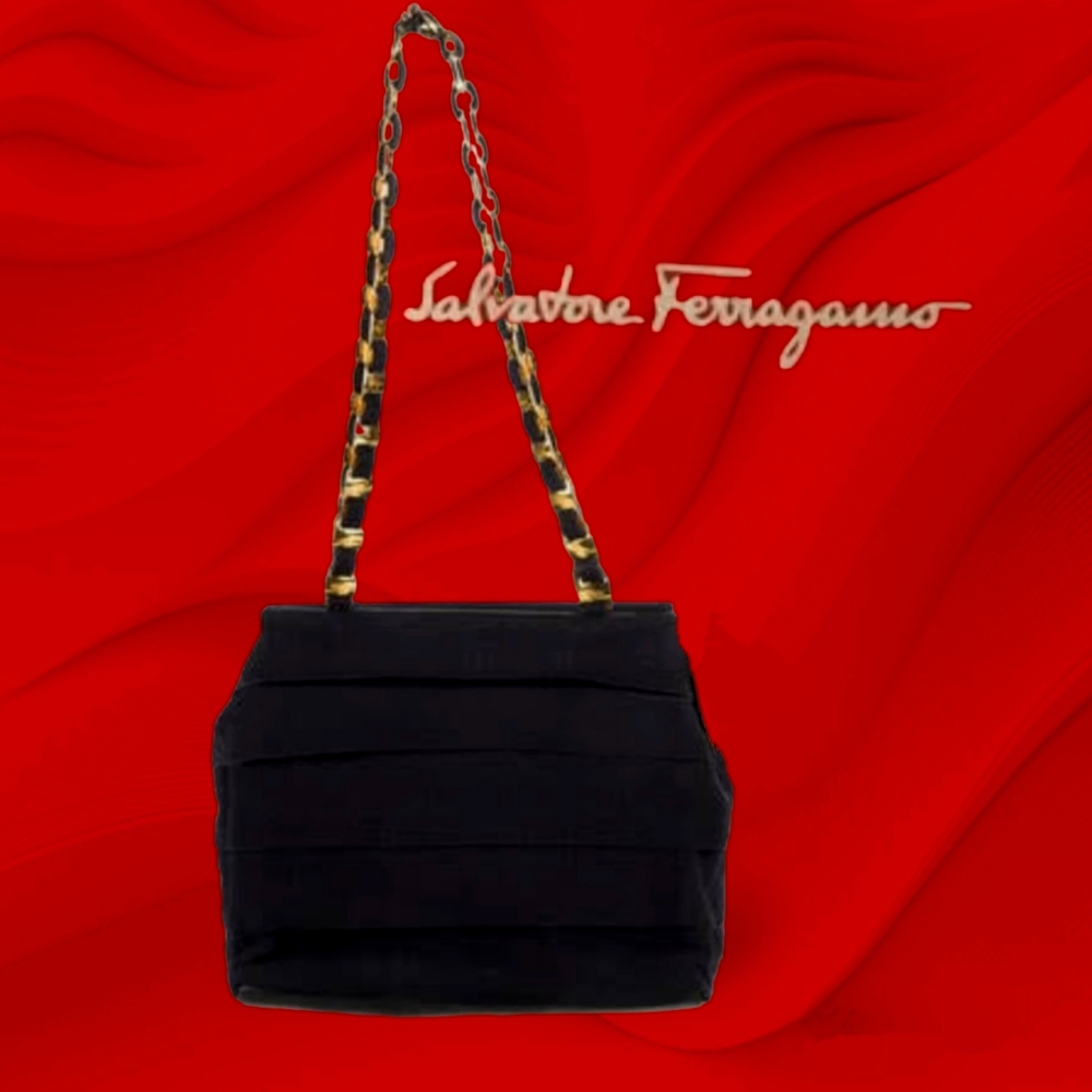 Salvatore Ferragamo Black Ruffle Canvas and Logo Chain Shoulder Bag